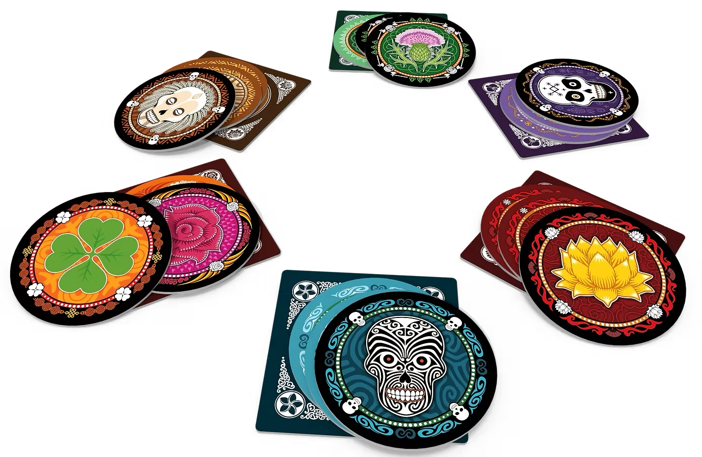 Partida de Skull con discos y tapetes sobre la mesa